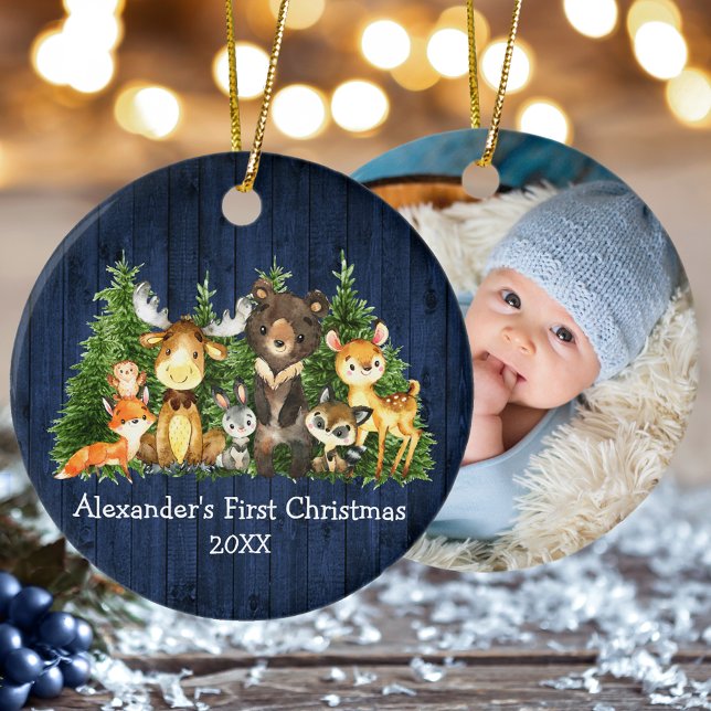 Baby First Christmas Forest Animals Blue FOTO Keramik Ornament (Customize with name, year and photo on back.)