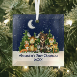 Baby First Christmas Forest Animals Blue Ornament Aus Glas