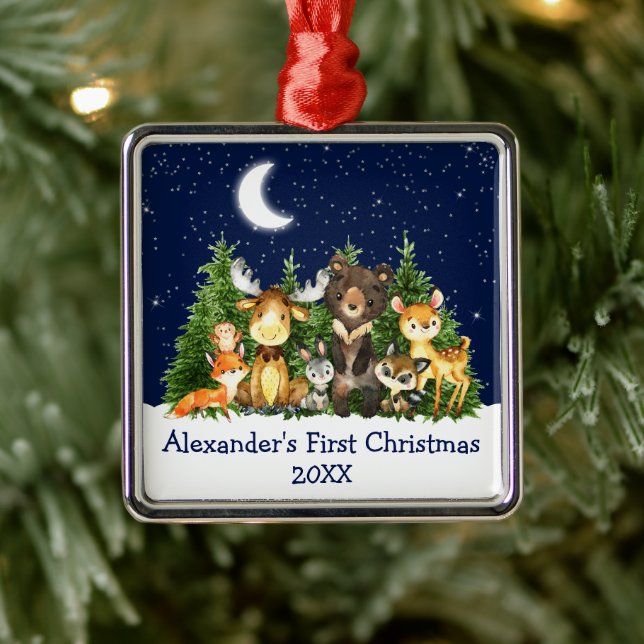 Baby First Christmas Forest Animals Blue Ornament Aus Metall (Baum)