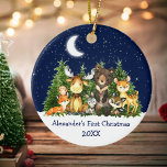 Baby First Christmas Forest Animals Blue Round Keramik Ornament<br><div class="desc">Die erste Weihnachtssaison in Watercolor Woodland Animals Forest Animals Pine Trees Moon,  Starry Sky und Schnee Keramik Ornament . Zu den Kleinkindern zählen Bären,  Hirsch,  Elch,  Raccoon,  Kaninchen,  Fox und Eule mit Waldgrün. Name hinzufügen.</div>