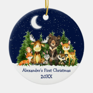 Baby First Christmas Forest Animals Blue Round Keramik Ornament