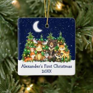 Baby First Christmas Forest Animals Lights Blue Keramikornament
