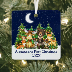 Baby First Christmas Forest Animals Lights Blue Ornament Aus Metall