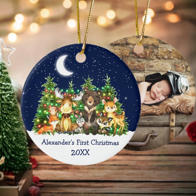 Baby First Christmas Forest Animals Lights FOTO Keramik Ornament (Customize with name, year and photo on back.)