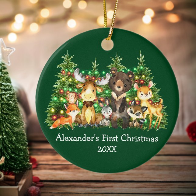 Baby First Christmas Forest Animals Lights Green Keramik Ornament (Customize with name and year.)