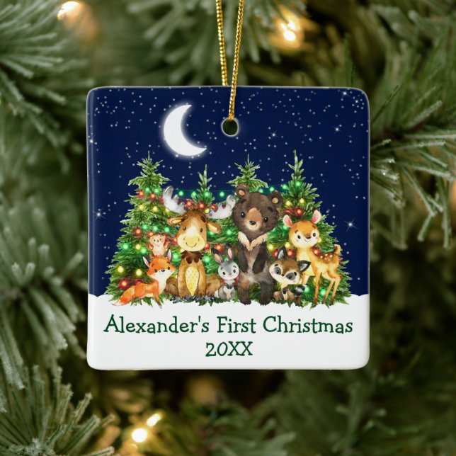 Baby First Christmas Forest Animals Lights Green Keramikornament (Baum)