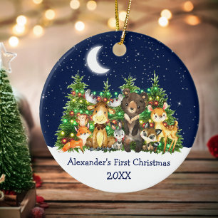 Baby First Christmas Forest Animals Lights Sky Keramik Ornament