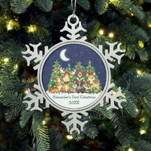 Baby First Christmas Forest Animals Lights Sky Schneeflocken Zinn-Ornament