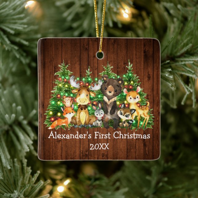 Baby First Christmas Forest Animals Lights Trees Keramikornament (Baum)