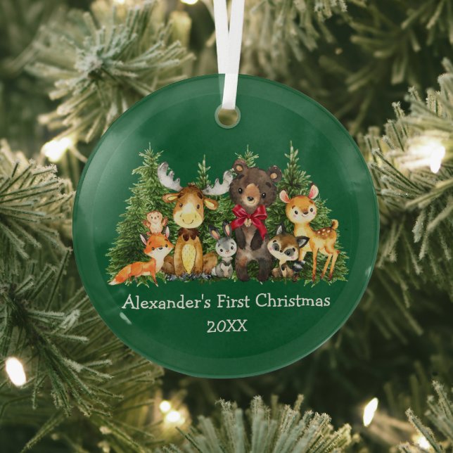 Baby First Christmas Forest Animals Red Bow Green Ornament Aus Glas (InSitu)