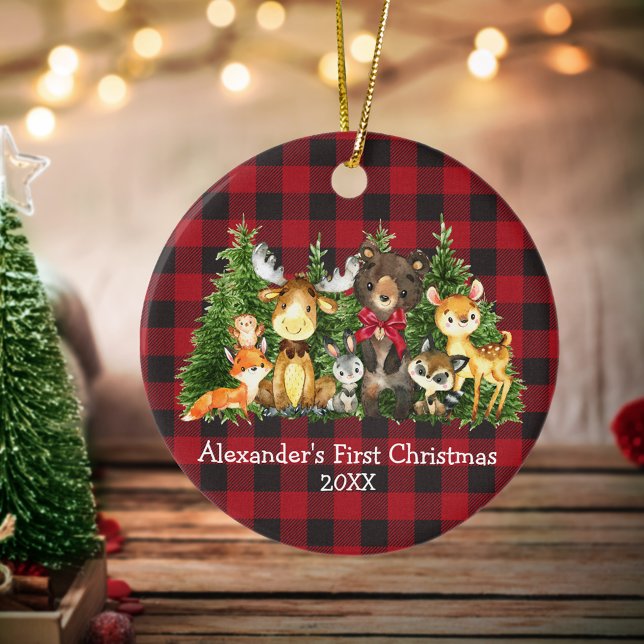Baby First Christmas Forest Animals Red Bow Karier Keramik Ornament (Customize with name and year.)