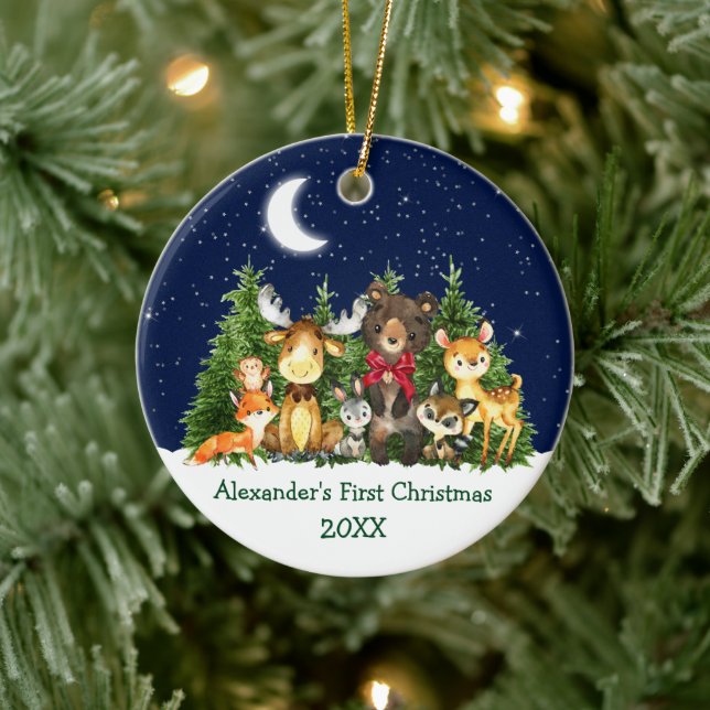 Baby First Christmas Forest Animals Red Bow Keramik Ornament (Baum)