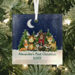 Baby First Christmas Forest Animals Red Bow Ornament Aus Glas