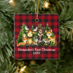 Baby First Christmas Forest Animals Red Kariert Keramikornament