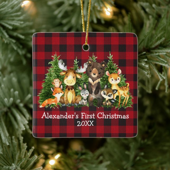Baby First Christmas Forest Animals Red Kariert Keramikornament (Baum)