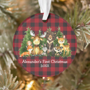 Baby First Christmas Forest Animals Red Kariert Ornament