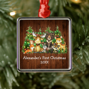 Baby First Christmas Forest Animals Trees Lights Ornament Aus Metall