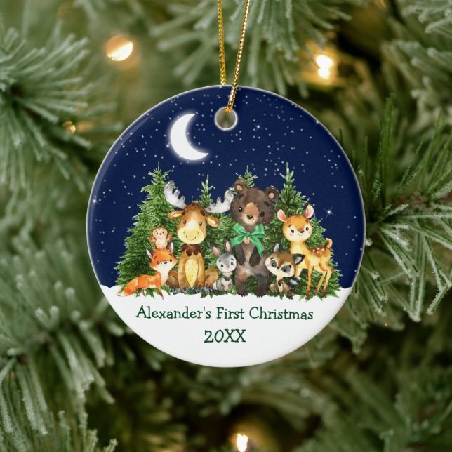 Baby First Christmas Forest Animes Green Bow Keramik Ornament (Baum)