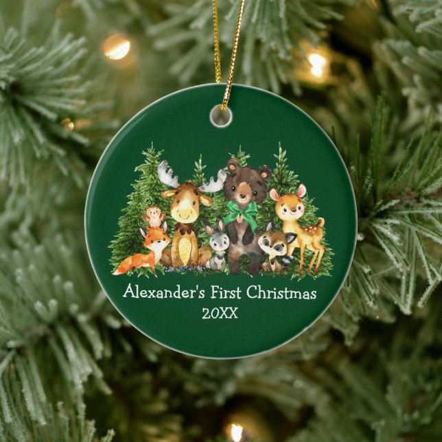 Baby First Christmas Forest Animes Green Bow Keramik Ornament (Baum)