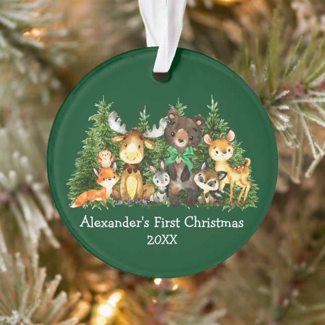 Baby First Christmas Forest Animes Green Bow Ornament (Baum)