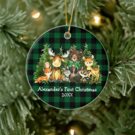 Baby First Christmas Forest Animes Green Kariert Keramik Ornament