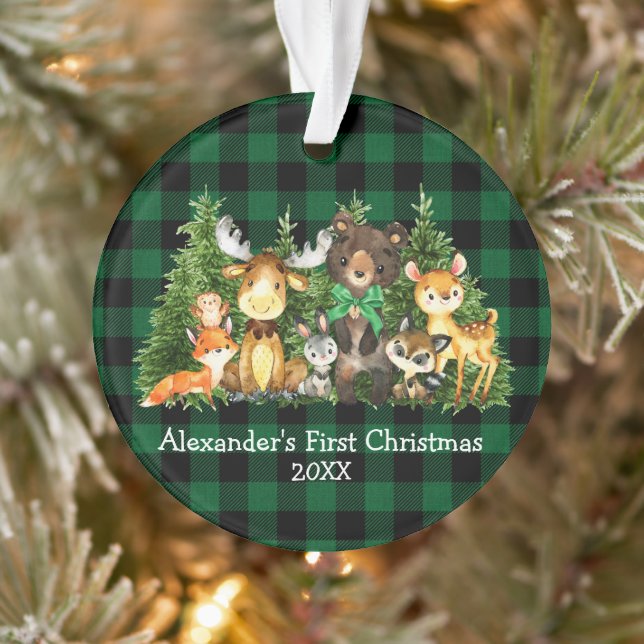 Baby First Christmas Forest Animes Green Kariert Ornament (Baum)
