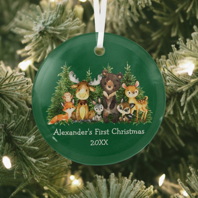 Baby First Christmas Forest Animes Green Round Ornament Aus Glas (InSitu)