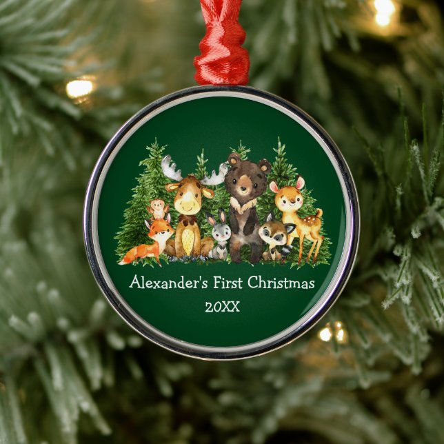 Baby First Christmas Forest Animes Green Round Ornament Aus Metall (Baum)