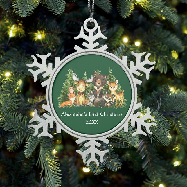 Baby First Christmas Forest Animes Green Schneeflocken Zinn-Ornament (Customize with name and year.)