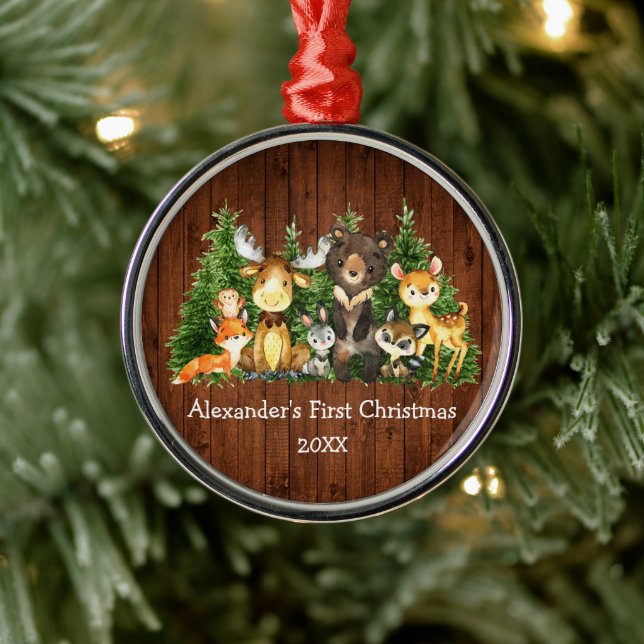 Baby First Christmas Forest Animes Rustikale Runde Ornament Aus Metall (Baum)