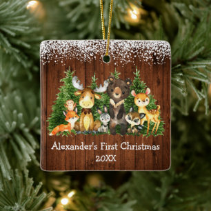 Baby First Christmas Forest Animes Schnee Rustikal Keramikornament