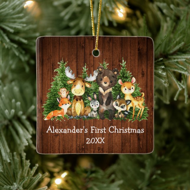 Baby First Christmas Forest Tiere Rustikal Keramikornament (Baum)