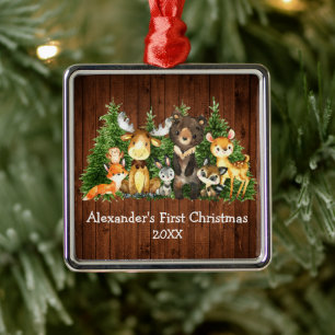 Baby First Christmas Forest Tiere Rustikal Ornament Aus Metall