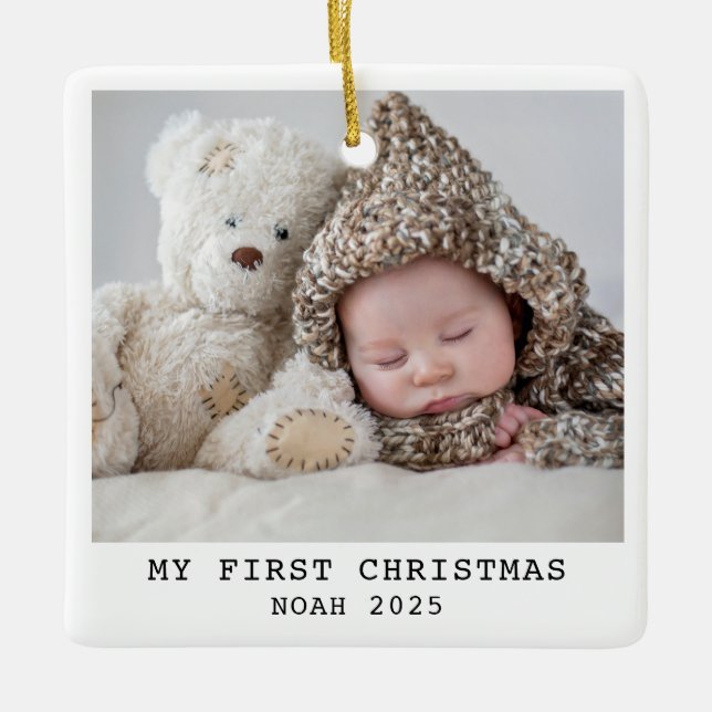 Baby First Christmas Foto Elegant Modernes Minimal Keramikornament (Vorderseite)