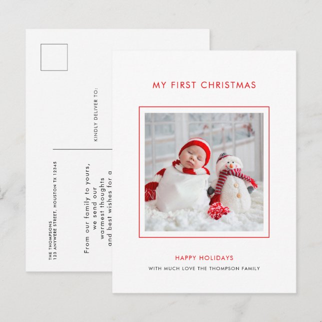 Baby First Christmas Foto Minimalistisch Urlaub Postkarte (Vorne/Hinten)