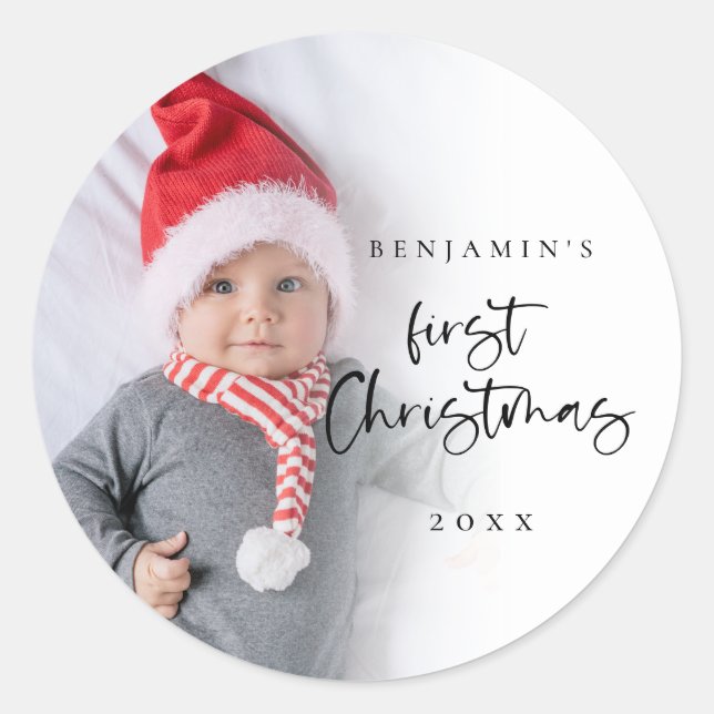 Baby First Christmas Foto Overlay Script Runder Aufkleber (Vorderseite)