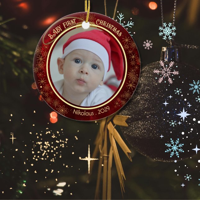 Baby First Christmas Foto Red 2 Seite Keramik Ornament (Baby First Christmas Photo Red 2 sided Ceramic Ornament)