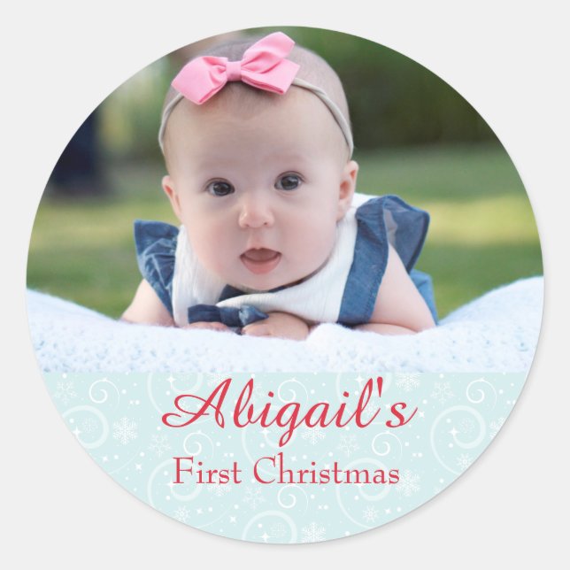 Baby First Christmas Foto Runder Aufkleber (Vorderseite)