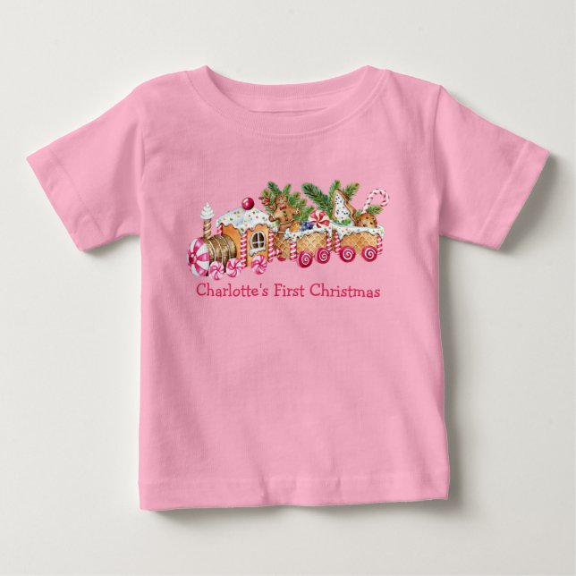 Baby First Christmas Gingerbrot Train Candy Pink Baby T-shirt (Vorderseite)