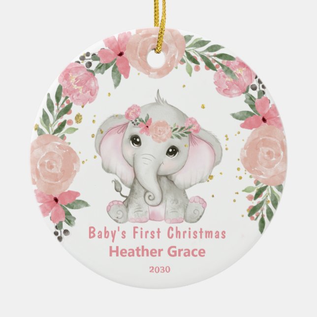 Baby First Christmas Girls Elephant Personalisiert Keramik Ornament (Vorne)