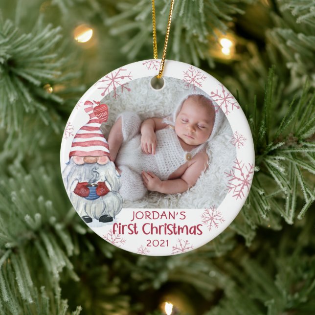 Baby First Christmas Gnome Pink Snowflake 2 Foto Keramik Ornament (Baum)