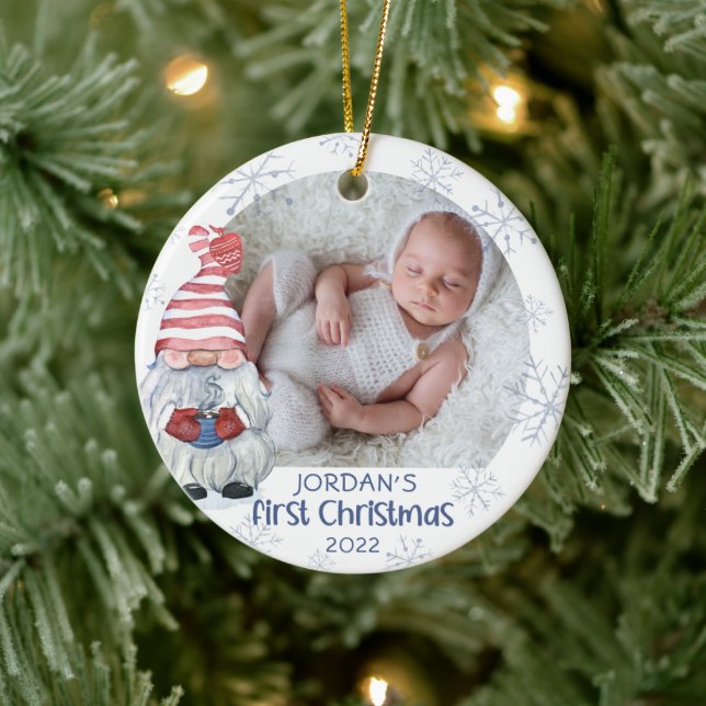Baby First Christmas Gnome Snowflake Name Blue Keramik Ornament (Baum)