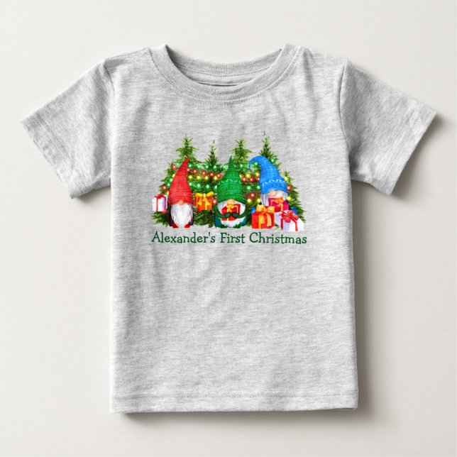 Baby First Christmas Gnomes Lights Gray Baby T-shirt (Vorderseite)