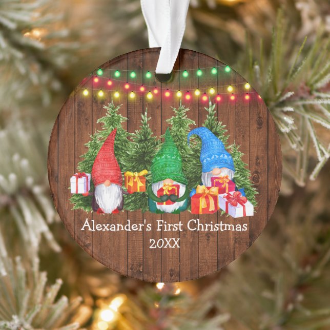 Baby First Christmas Gnomes Lights Rustic Ornament (Baum)