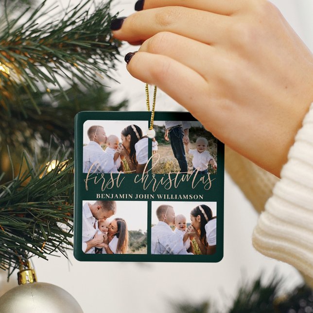 Baby First Christmas Green Gold Script Four Foto Keramikornament (Baby First Christmas Green Gold Script Four Photo Ceramic Ornament)