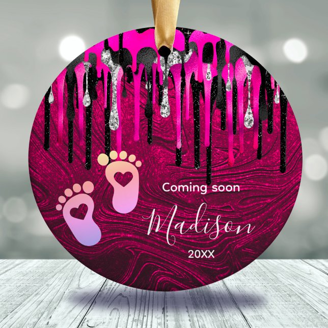 Baby First Christmas Hot Pink Black Glitzer Tropfe Keramik Ornament (Von Creator hochgeladen)