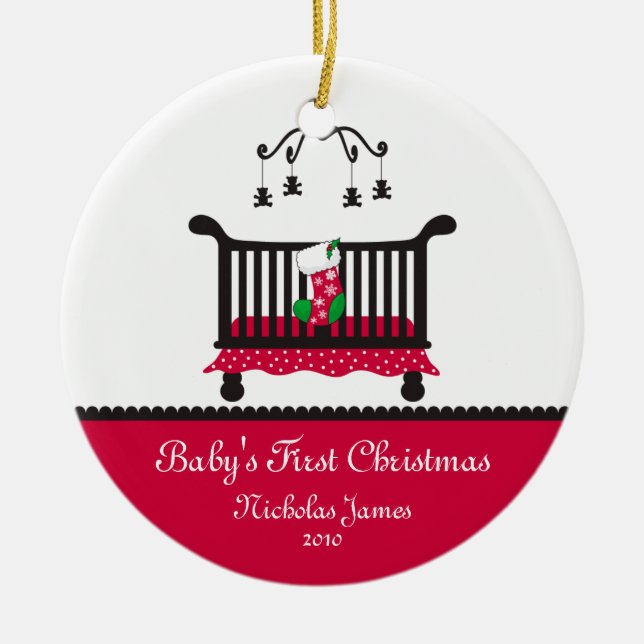 Baby First Christmas - Krippe und Weihnachts-Strum Keramik Ornament (Vorne)