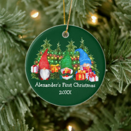 Baby First Christmas Lights Gnomes Green Keramik Ornament