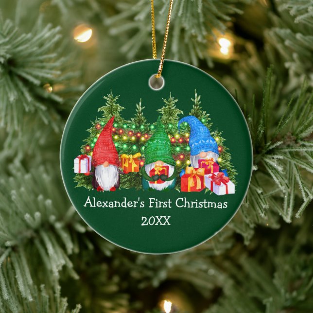 Baby First Christmas Lights Gnomes Green Keramik Ornament (Baum)