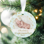 Baby First Christmas Magic Gold Snowflakes Foto Ornament<br><div class="desc">Zauberhafte Goldschneeflocke grenzen an das erste Weihnachtsgebäck des Fotos. Das erste Weihnachtskuchendekor des hellblauen und goldblauen Babys kann mit dem Namen des Babys,  dem Jahr und einem Foto vorne und einem auf der Rückseite abgestimmt werden.</div>